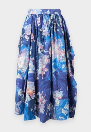 Blue floral midi skirt with gathered waist and soft pleats, featuring shades of pink, white, and light blue on a navy background.