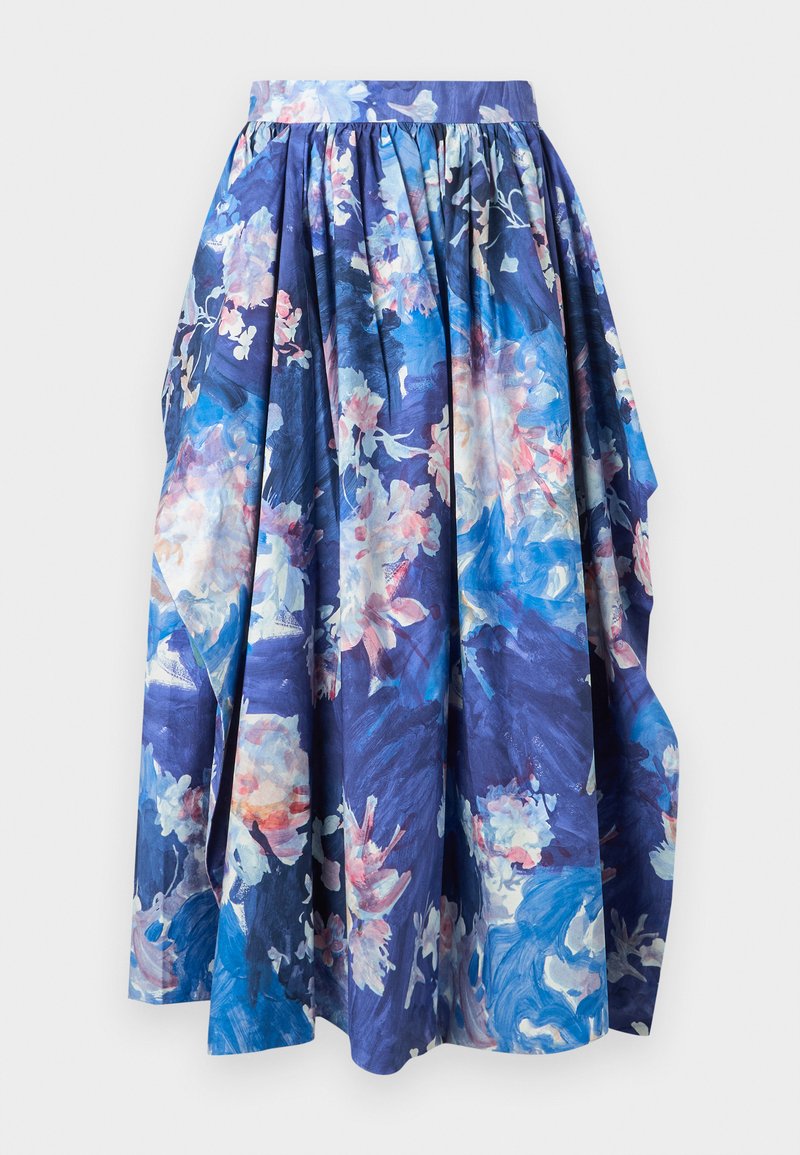 Gonna midi floreale blu con vita arricciata e morbide pieghe, caratterizzata da tonalità di rosa, bianco e azzurro su uno sfondo blu navy.