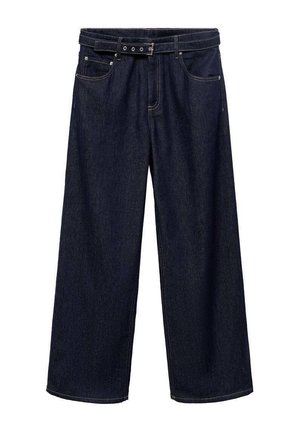 Vaqueros de pierna ancha de color azul oscuro, hechos de denim. Cuentan con una cinturilla con cinturón que incluye múltiples botones, bolsillos frontales y un acabado limpio en los dobladillos.