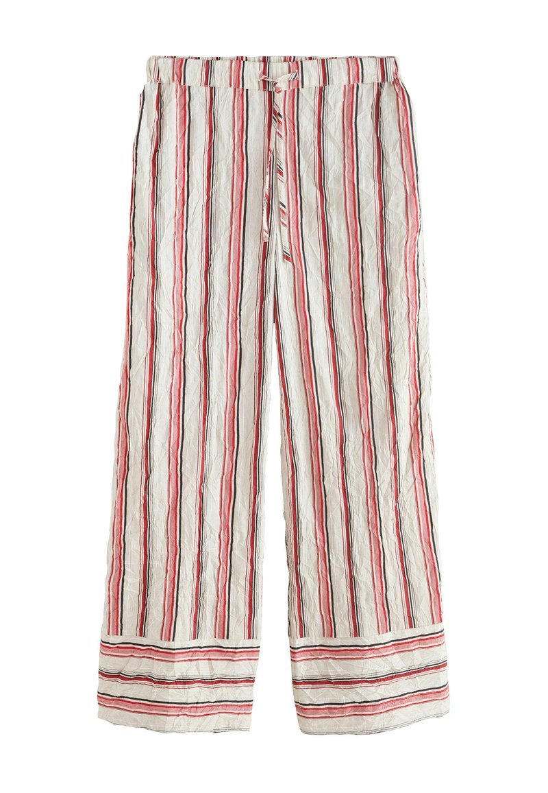 Pantalones anchos y ligeros con textura y rayas verticales en rojo, negro y blanco, con cintura elástica y cierre delantero con lazo.