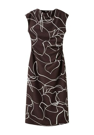 Vestido midi sin mangas de color marrón oscuro con patrones de líneas abstractas blancas y detalle fruncido en un lado de la cintura.