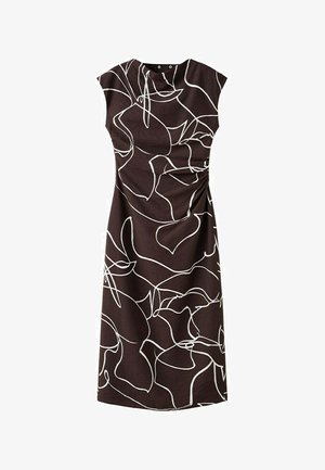 Sleeveless dark brown midi dress with white abstract line patterns and gathered detail on one side at the waist.