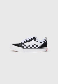 Svart og hvitt rutete lerret sneakers med hvite snører, polstret krage og hvit gummisåle. Fremtredende Vans-logo detalj på hælen.