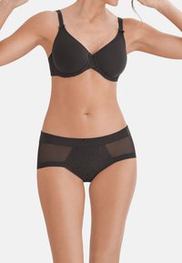 Black bra with moldable cups and adjustable straps, paired with black high-waisted panties featuring mesh and embroidered leaf patterns.