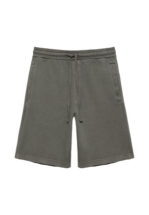 Grijze katoenen shorts tot op de knie met een elastische tailleband en trekkoord, voorzien van zijzakken en een losse pasvorm.