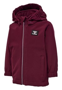 Bordeauxkleurige hoodie jack van zachte stof, met een rits aan de voorkant, elastische manchetbanden en een logo patch op de borst. Inclusief twee zijzakken.