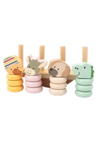 Wooden stacking toy featuring animal headpieces in pastel colors on cylindrical bases. Designs include a duck, cow, dog, and crocodile.