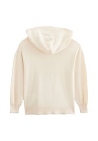 Haut à capuche crème avec des manches longues, une capuche avec cordon de serrage et des poignets et un ourlet à nervures. Texture lisse, design minimaliste, sans motifs visibles.