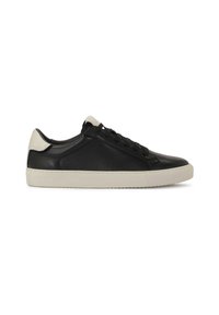Tenis negri din piele cu o talpă din cauciuc alb, având o textură netedă, șireturi plate și o căpăcelă contrastantă la călcâi în alb murdar.