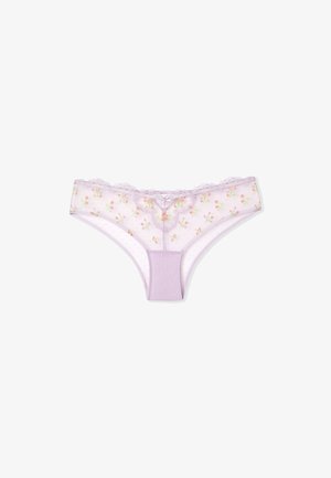 Paars kanten slipje met bloemendessin, met een stippenstructuur aan de achterkant en een delicate kantafwerking langs de taille.