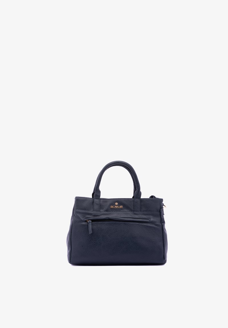 Borsa a mano in pelle blu scuro con due manici corti, una tasca frontale con zip e un dettaglio logo al centro. Forma strutturata con finitura testurizzata.