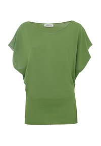 Top verde a maniche corte con una vestibilità ampia, caratterizzato da un orlo a costine. Tessuto morbido e texture liscia con un colletto ampio. Senza motivi o dettagli decorativi.
