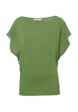 Haut vert à manches courtes avec une coupe ample, doté d'un ourlet côtelé. Tissu doux et texture lisse avec un décolleté large. Pas de motifs ni d'accents.