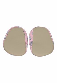 Pink padding with a unicorn pattern on the edges and a beige, textured center. Soft material, shaped to fit comfortably underfoot.