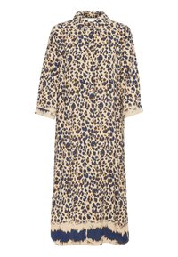 Leopardmusterkleid in Beige, Braun und Blau mit Kragen, kurzen Ärmeln und geradem Schnitt. Hat ein Details mit marineblauem Saum.