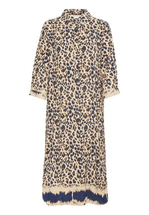 Abito con stampa leopardata in beige, marrone e blu, con colletto, maniche corte e taglio dritto. Presenta un dettaglio orizzontale blu navy.