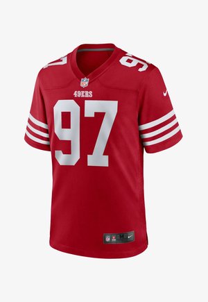 Red NFL football jersey with white accents, features the number "97" on the front, "49ERS" above it, and three white stripes on each sleeve.