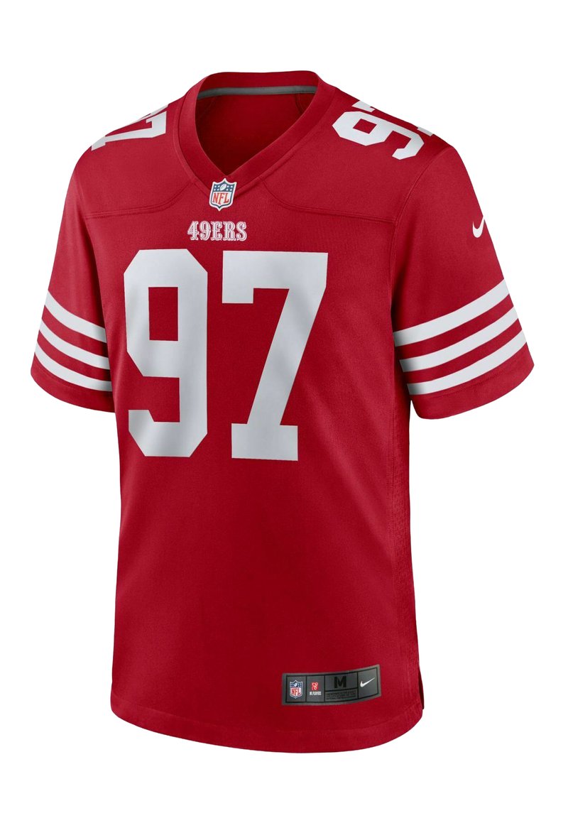 Maillot de football NFL rouge avec des accents blancs, arborant le numéro "97" à l'avant, "49ERS" au-dessus, et trois bandes blanches sur chaque manche.