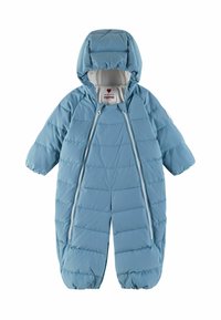 Jasnoniebieski ocieplany kombinezon dla niemowląt z kapturem, z podwójnymi zamek błyskawicznymi z przodu oraz elastycznymi mankietami na rękach i nogach, idealny na zimę.