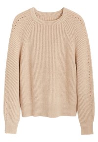 Beige neulepaita, jossa on pyöreä kaula-aukko, ribbireunukset hihoissa ja helmassa. Ominaisuuksiin kuuluu teksturoitu kuosi ja silmukka yksityiskohtia hihojen varrella.