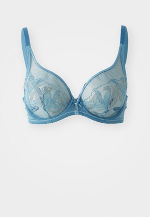Underwire bra in light blue, featuring sheer mesh fabric and intricate floral embroidery. Adjustable straps enhance fit and support.