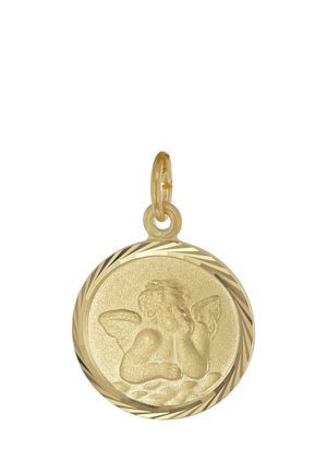 Goldener runder Anhänger mit eingraviertem Cherub, der seinen Kopf auf eine Hand stützt, detailliert mit strukturierten und glatten kontrastierenden Oberflächen.