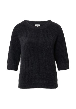 Pull en maille noir avec un large col, des manches trois-quarts et une finition douce et texturée. Présente un motif côtelé sur le corps.