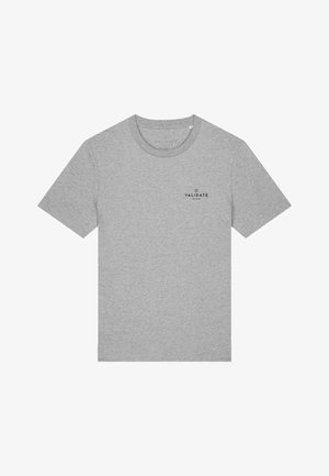Grå bomulds t-shirt med rund halsudskæring, korte ærmer og et lille sort "VALIDATE" logo på brystet. Enkel, klassisk design.
