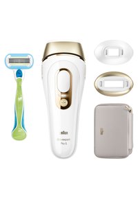 Appareil Braun Silk-expert Pro 5 en blanc avec des accents dorés, à côté d'un rasoir bleu et vert, de deux têtes de traitement interchangeables et d'un étui beige.