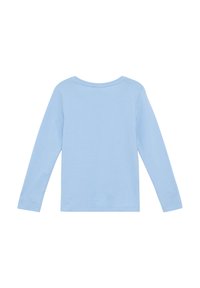 Chemise à manches longues bleu clair avec un col rond. Fabriquée en tissu en coton doux, elle présente un design uni et une coupe droite. Pas de motifs ni d'accents visibles.