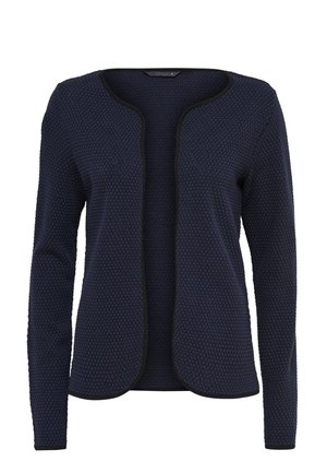Cardigan en maille texturée bleu foncé, ouvert devant, manches longues et col arrondi, avec un bord noir le long des bords.