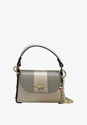 Small gray and beige leather handbag with gold bee ornament, short handle, and attached gold chain and Italian flag charm.