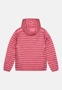 Rosa geïsoleerde jas met capuchon, met een gewatteerd ontwerp, soepele textuur en elastische manchetten. Ritsopening aan de voorkant bij de nek.