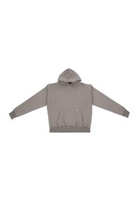 Grauer Kapuzenpullover mit langen Ärmeln, Vordertasche, gerippten Bündchen und Saum, aus einem weichen Stoff mit glatter Textur.