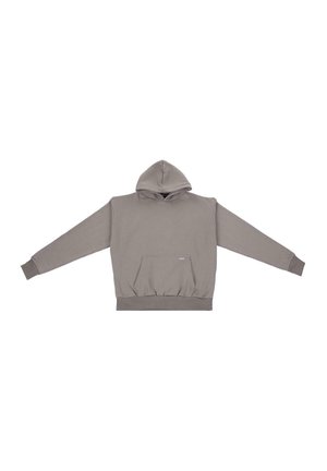 Gray hooded sweatshirt with long sleeves, front pocket, ribbed cuffs and hem, made from a soft fabric with a smooth texture.