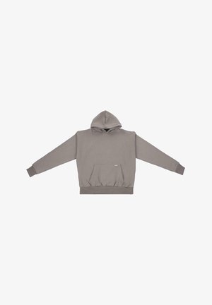 Gray hooded sweatshirt with long sleeves, front pocket, ribbed cuffs and hem, made from a soft fabric with a smooth texture.