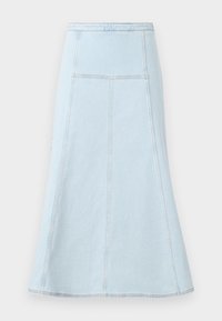 Ljusblå denim midi kjol med hög midja, vertikala och horisontella sömdetaljer samt en lätt utflaring vid fållen.