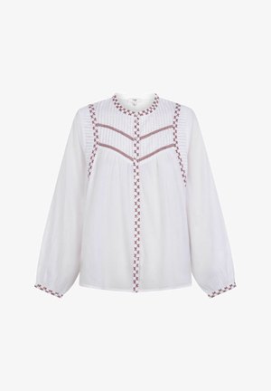 White blouse with long sleeves, featuring decorative red stitching and pleats along the yoke. Button closure and relaxed fit design.