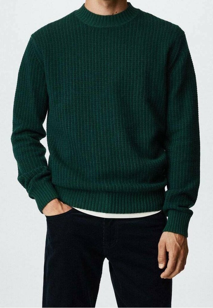 Pull en maille côtelée vert foncé avec un col rond, des poignets et un ourlet ajustés. Complété par un sous-pull blanc et porté avec un pantalon foncé.