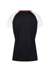 Mustat lyhyet hihat sijaitseva paita, jossa valkoiset raglan-hihat ja ohut punainen reunus kaula-aukoissa, näkyy takaa.