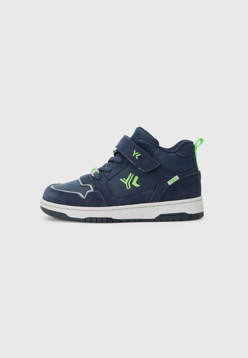 Navy suede high-top sneakers with green accents, strap closure, rubber sole, and textured detailing on the upper.
