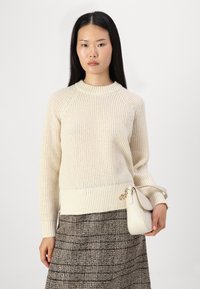 Maglione lavorato a maglia di colore crema con orlo e polsini a coste, maniche raglan. Abbinato a una gonna marrone a trama e una piccola borsa bianca.