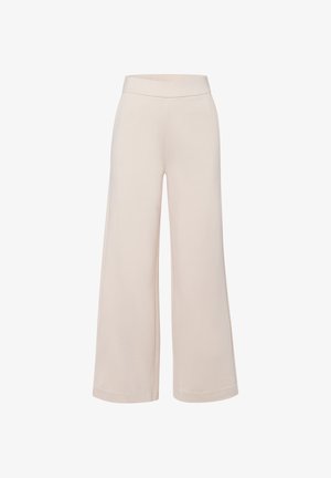 Szerokie spodnie w miękkim beżowym materiale z elastycznym pasem i czystymi, nienaśladowanymi szwami dla gładkiego wykończenia.