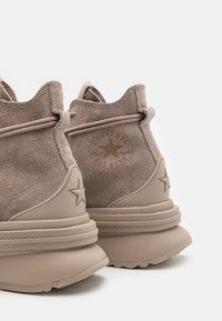 Beige Wildleder Converse All Star Sneakers mit dicken Sohlen, Stern-Logos an den Fersen und Gummi-Akzenten, von hinten gezeigt.