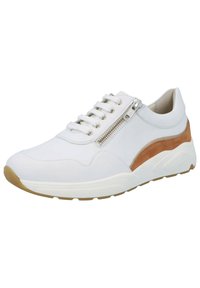 White leather sneaker with tan accents, featuring a front zipper, round toe, and textured white sole. Laces provide additional support.