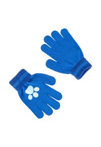 Guanti blu lavorati a maglia con polsini a coste che presentano un design a impronta di zampa in azzurro chiaro sul palmo. Morbida textura, forma flessibile e copertura per le mani.