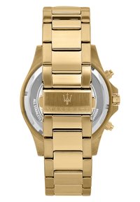 Orologio in acciaio inossidabile dorato con un design a bracciale a maglie, caratterizzato da un logo Maserati ben in evidenza e da un quadrante rotondo.