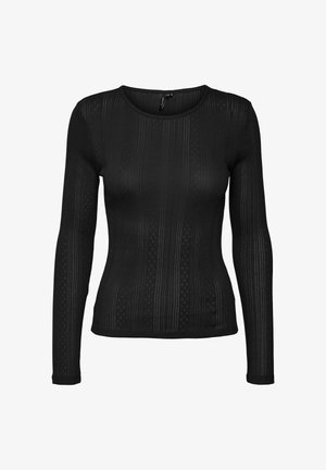Langermet svart topp laget av teksturert strikkevare med vertikale stripemønster og rund utringning.