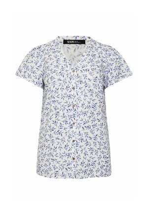 Witte blouse met korte mouwen en knopen, voorzien van een blauw bladpatroon en een V-halskraag, maat UK 16, EU 44, US 14.