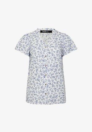 Biała bluzka z krótkim rękawem zapinana na guziki, z niebieskim wzorem liści i kołnierzem w kształcie litery V, oznaczona rozmiarem UK 16, EU 44, US 14.